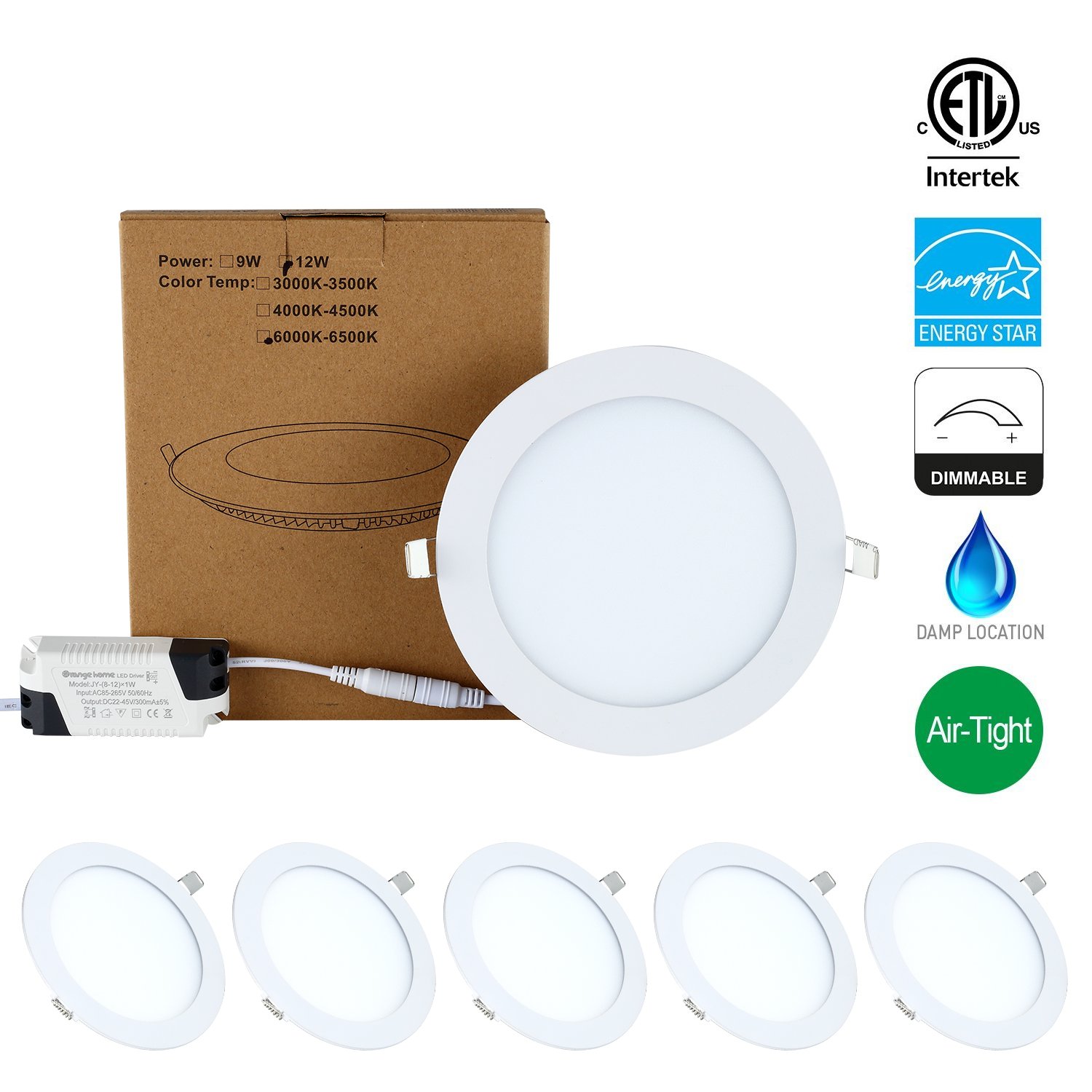 Ultra-Thin Round LED Panel Light, 1001lm, 12W Equivalent, LED Ceiling Light LED Recessed Downlight with 110V LED Driver（6 Pack）